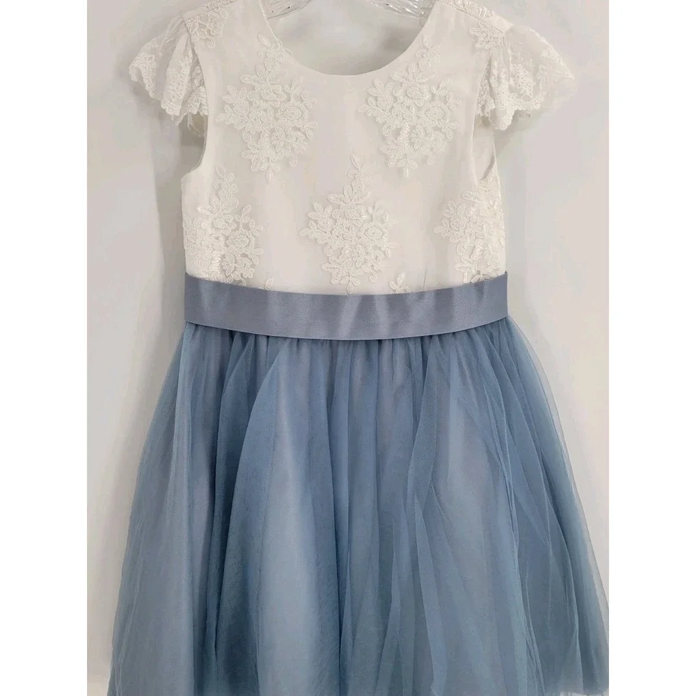 JJ's HOUSE GIRLS DUSTY BLUE FLOWER GIRL/BRIDESMAID TULLE EMBROIDERED DRESS SZ 12
